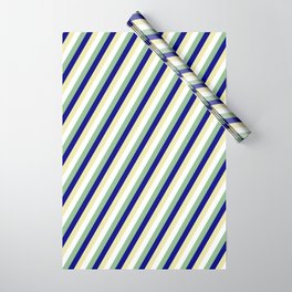 [ Thumbnail: Dark Sea Green, Blue, Pale Goldenrod & White Colored Striped/Lined Pattern Wrapping Paper ]