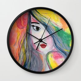 Pretty Girl. Yellow Pink and Green Girl Painting by Jodi Tomer. Figurative Abstract Pop Art. Wall Clock