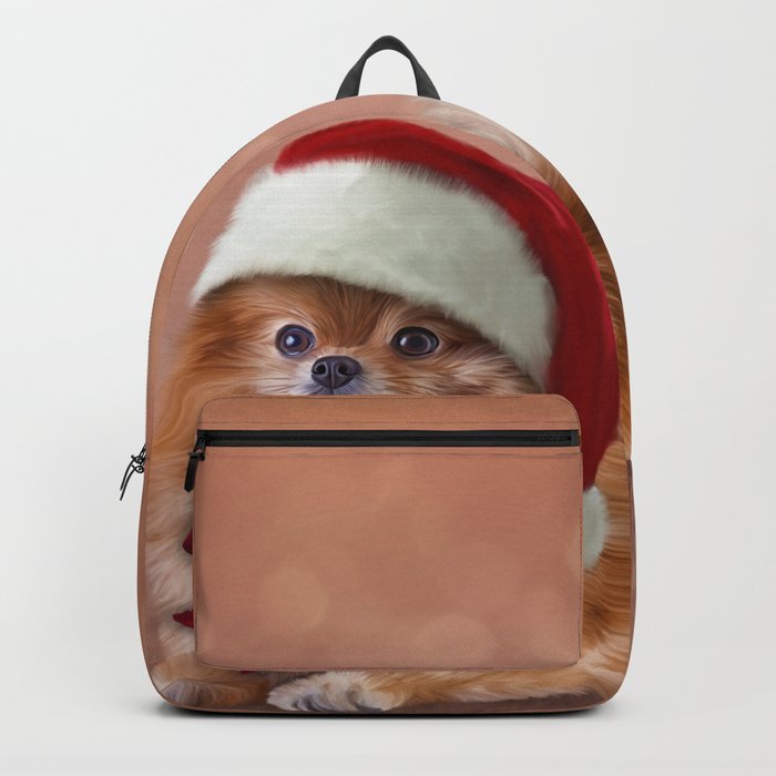 Dog Pomeranian Spitz in red hat of Santa Claus Backpack