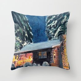 "Cabin In The Woods" Log Cabin Original Art by Bryn Reynolds Throw Pillow