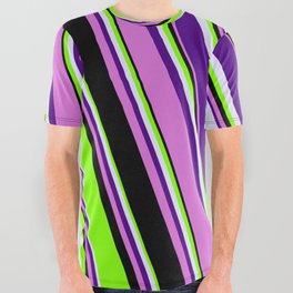[ Thumbnail: Chartreuse, Lavender, Indigo, Orchid & Black Colored Striped/Lined Pattern All Over Graphic Tee ]