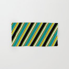 [ Thumbnail: Dark Cyan, Beige, Black, and Yellow Colored Lines/Stripes Pattern Hand & Bath Towel ]
