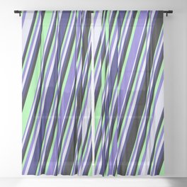 [ Thumbnail: Slate Blue, Lavender, Midnight Blue, Black & Green Colored Lines/Stripes Pattern Sheer Curtain ]