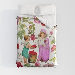 Cupid Dealing Red Hearts in The Rose Garden - Colorful Illustration for Valentine's Day   Duvet Cover