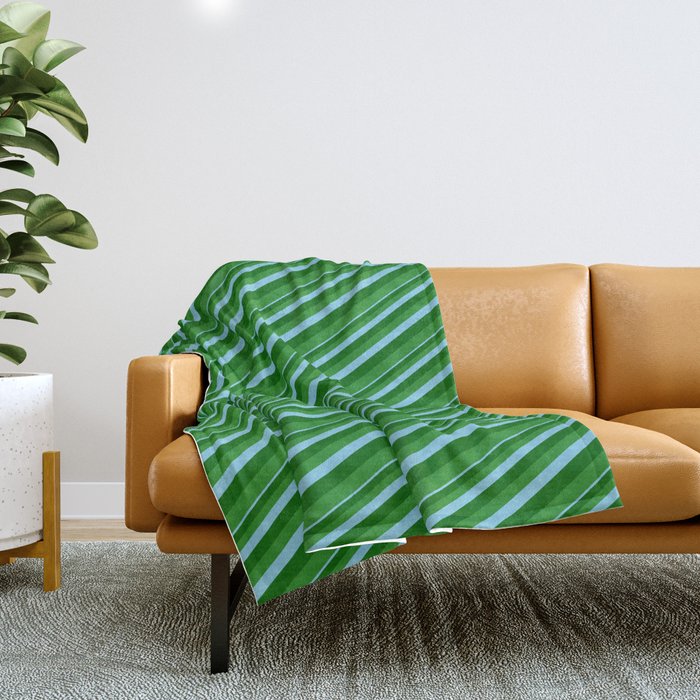 Sky Blue, Dark Green, and Forest Green Colored Lined Pattern Throw Blanket