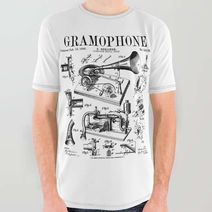 Gramophone Vinyl Record Lover Musician DJ Vintage Patent All Over Graphic Tee