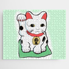 Green Japanese  Lucky Cat Maneki Neko Jigsaw Puzzle