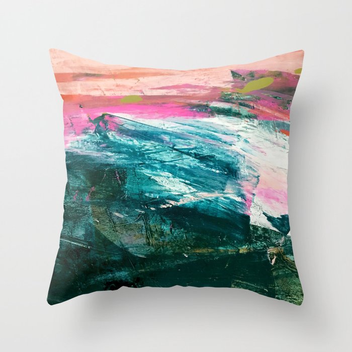 Meditate [4]: a vibrant, colorful abstract piece in bright green, teal, pink, orange, and white Throw Pillow