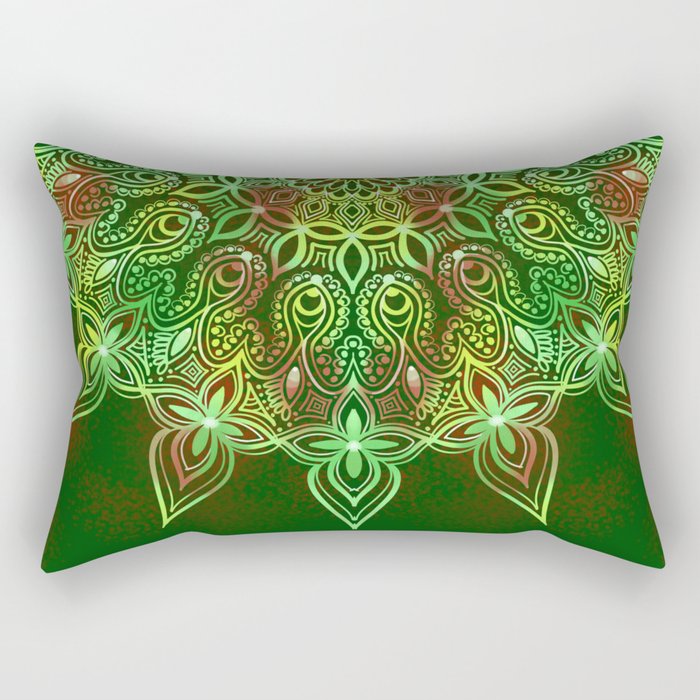 Green and Red Boho Mandala Rectangular Pillow