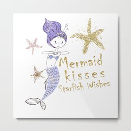 Purple & Gold Glitter Mermaid Kisses Starfish Wishes Metal Print