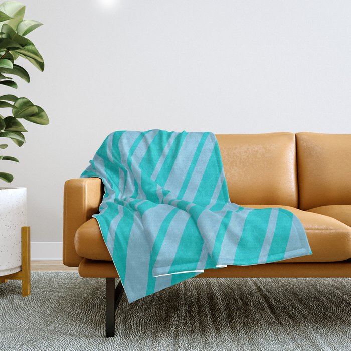 Dark Turquoise & Sky Blue Colored Striped Pattern Throw Blanket