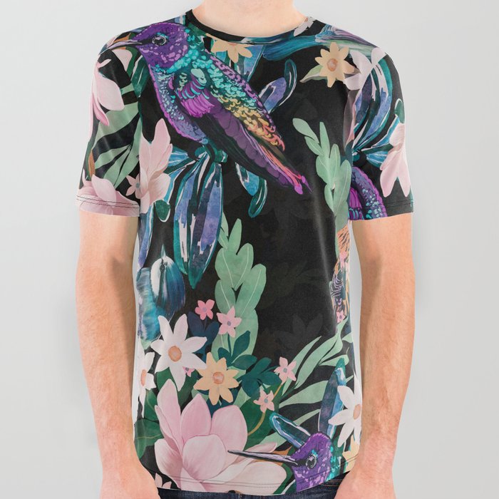 Watercolor Spring Flowers Birds Black Pattern All Over Graphic Tee