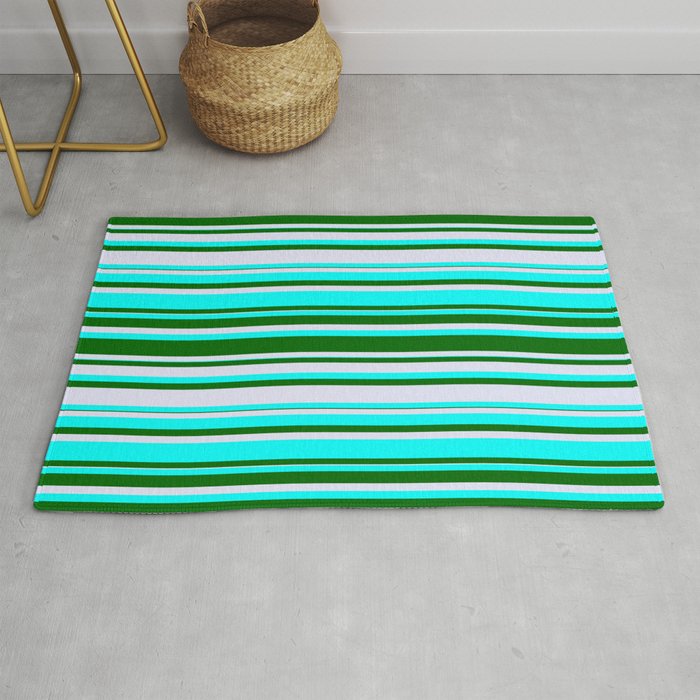 Cyan, Dark Green & Lavender Colored Lined/Striped Pattern Rug