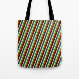 [ Thumbnail: Blue, Aquamarine, Green & Maroon Colored Stripes Pattern Tote Bag ]
