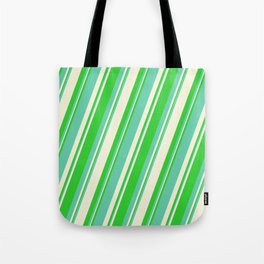 [ Thumbnail: Lime Green, Aquamarine & Beige Colored Stripes/Lines Pattern Tote Bag ]