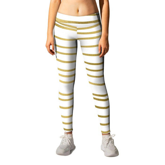 Small simply uneven luxury gold glitter stripes on clear white - horizontal pattern Leggings