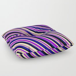 [ Thumbnail: Eyecatching Beige, Dark Violet, Tan, Dark Blue & Black Colored Stripes/Lines Pattern Floor Pillow ]