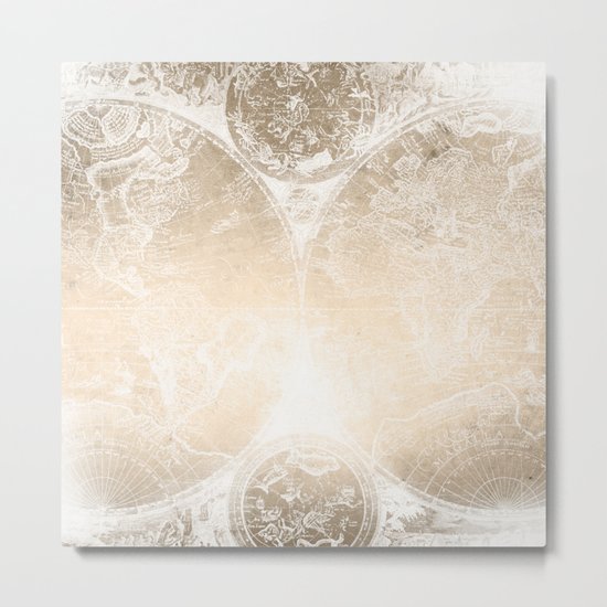 Antique World Map White Gold Metal Print