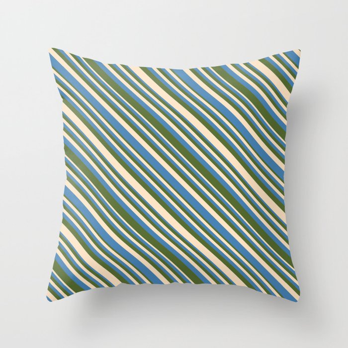 Bisque, Blue, and Dark Olive Green Colored Lines/Stripes Pattern Throw Pillow