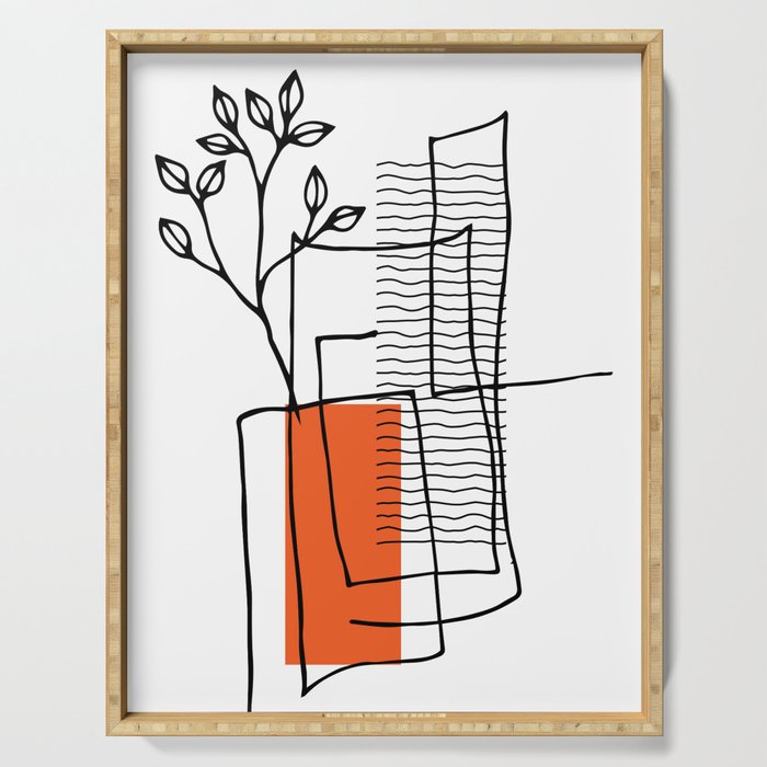 Abstract poster with line art and herb Serving Tray