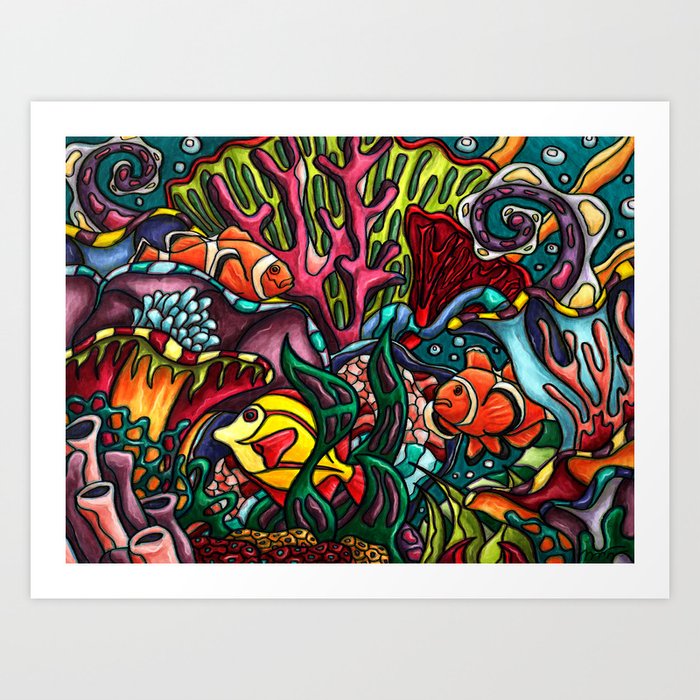 Tropical fish in coral reef painting, colorful under the sea life Art Print