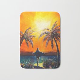 Sunset Surfer Bath Mat | Watercolor, Sunset, Surfer, Tropical, Hand, Art, Painting, Hawaii, Surferdude, Surfergirl 