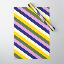 [ Thumbnail: Colorful Light Yellow, Yellow, Dark Olive Green, Plum, and Midnight Blue Colored Pattern of Stripes Wrapping Paper ]