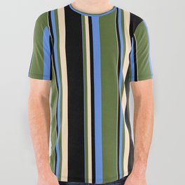 [ Thumbnail: Cornflower Blue, Dark Olive Green, Bisque, and Black Colored Striped Pattern All Over Graphic Tee ]