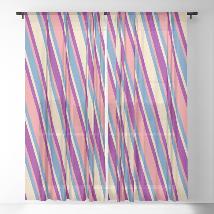 Blue, Tan, Purple & Light Coral Colored Pattern of Stripes Sheer Curtain