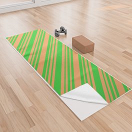 [ Thumbnail: Brown & Lime Green Colored Striped/Lined Pattern Yoga Towel ]
