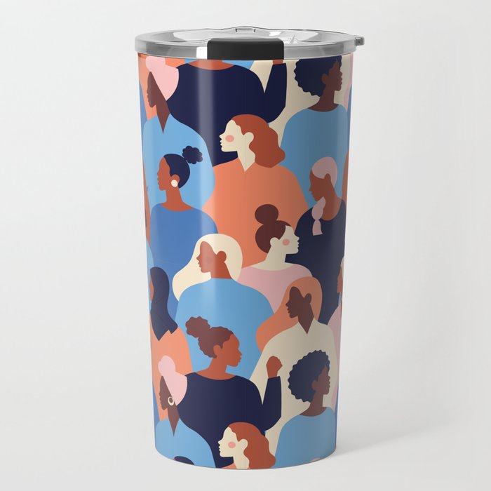 Female diverse faces of different ethnicity blue Travel Mug