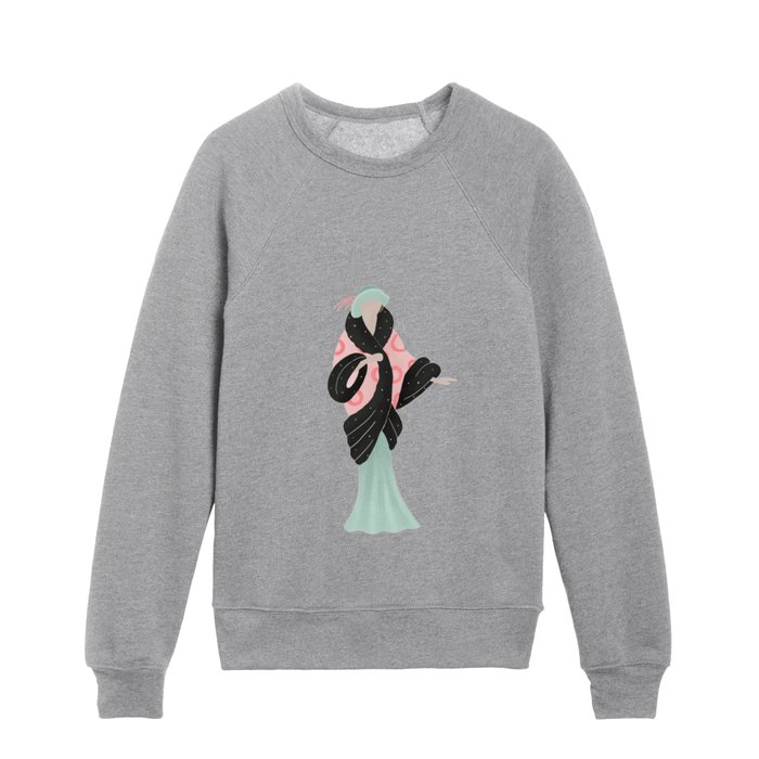 Art deco lady in a fur coat Kids Crewneck