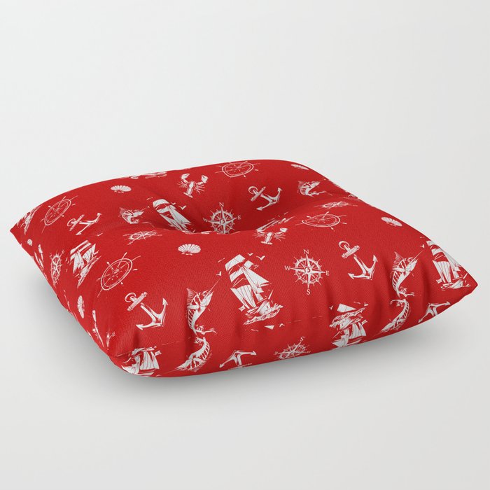 Red And White Silhouettes Of Vintage Nautical Pattern Floor Pillow