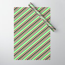 [ Thumbnail: Green, Red, White & Black Colored Lines/Stripes Pattern Wrapping Paper ]