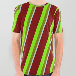 [ Thumbnail: Maroon, Chartreuse, Green & Powder Blue Colored Striped/Lined Pattern All Over Graphic Tee ]