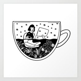 Cup of coffee with a girl sitting inside it among plants and working on computer Art Print