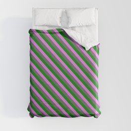 [ Thumbnail: Violet, Dim Gray, and Green Colored Striped Pattern Duvet Cover ]