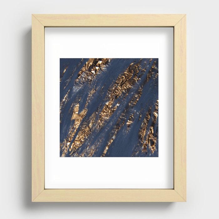 Navy Blue Paint Brushstrokes Gold Foil Recessed Framed Print