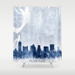 Memphis Skyline & Map Watercolor Navy Blue Print by Zouzounio Art Shower Curtain