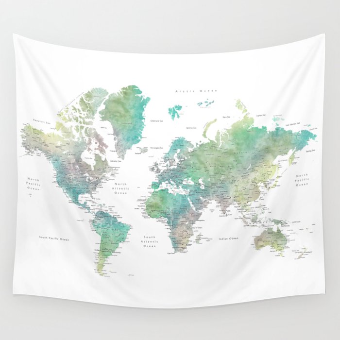 Watercolor world map in muted green and brown Wall Tapestry by ...