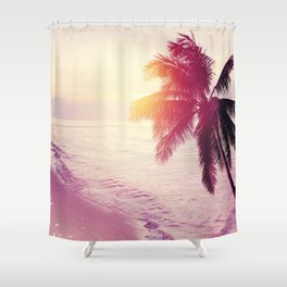 Tropical beach sunset background with palm tree silhouette. Vintage effect.  Shower Curtain