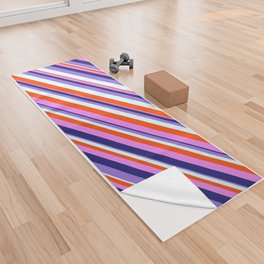 [ Thumbnail: Colorful Red, Violet, Midnight Blue, Purple, and Light Cyan Colored Lined Pattern Yoga Towel ]