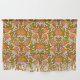 Orange, Pink Flowers and Green Leaves 1960s Retro Vintage Pattern Wall Hanging