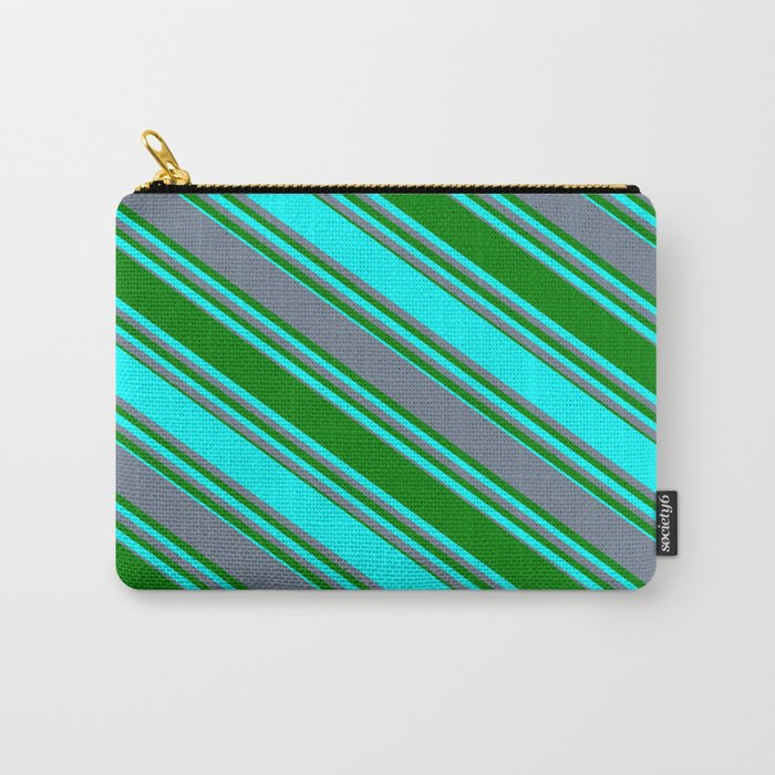 Slate Gray, Green & Cyan Colored Stripes/Lines Pattern Carry-All Pouch