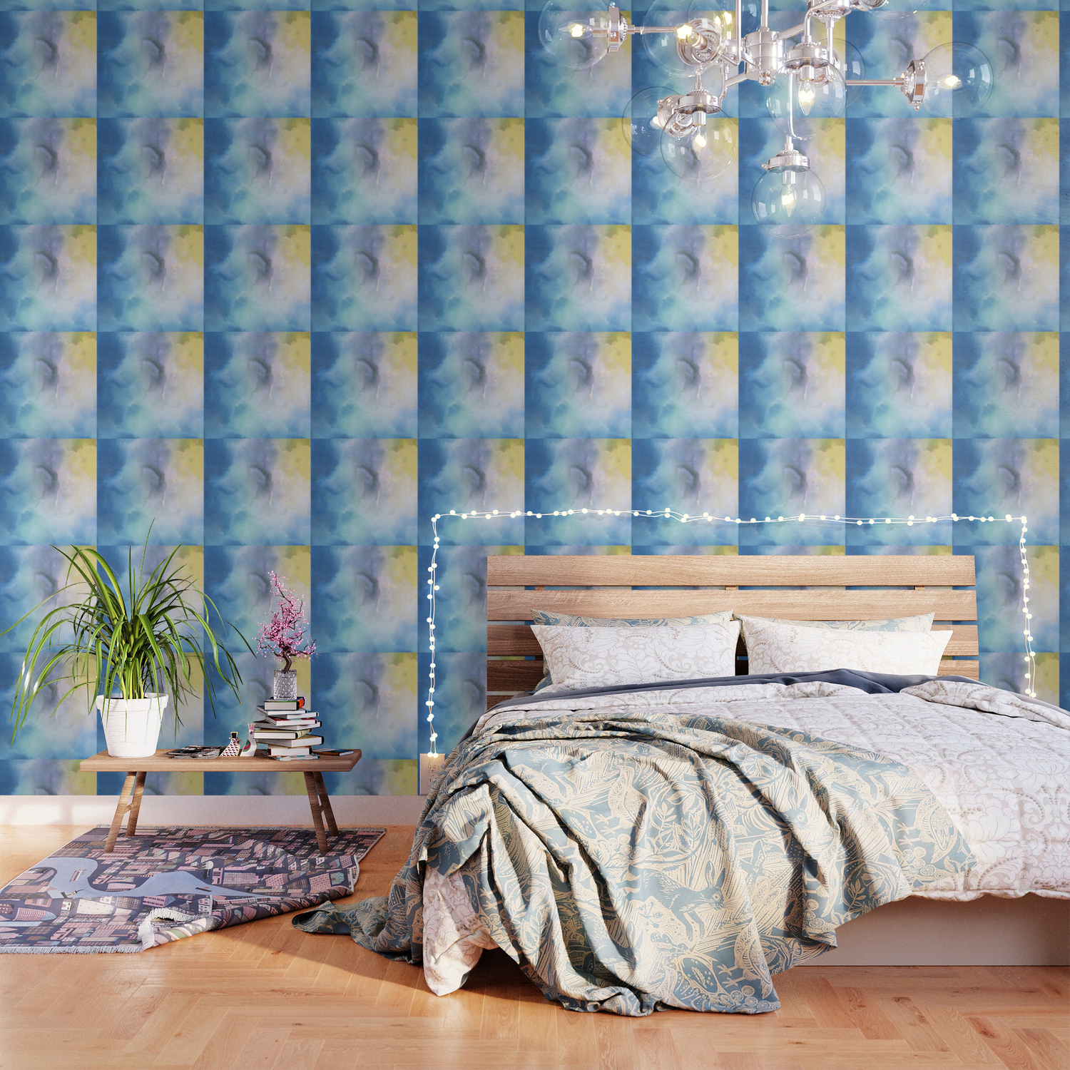 Navy Blue Teal Lavender Yellow Watercolor Brushstrokes Wallpaper