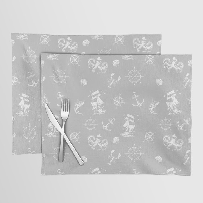 Light Grey And White Silhouettes Of Vintage Nautical Pattern Placemat