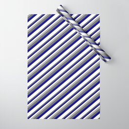 [ Thumbnail: Dark Gray, Dim Gray, Blue & White Colored Striped Pattern Wrapping Paper ]
