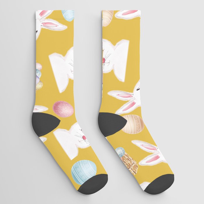 Easter Bunny And Eggs Pattern- Mustard Yellow Socks