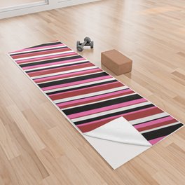 [ Thumbnail: Hot Pink, Brown, White & Black Colored Lined/Striped Pattern Yoga Towel ]