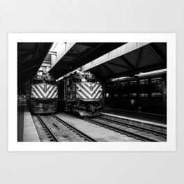 Trains 166 & 131 Art Print | Metra, White, Station, Engine, Black And White, Transportation, Chicago, Photo, Public, Train 